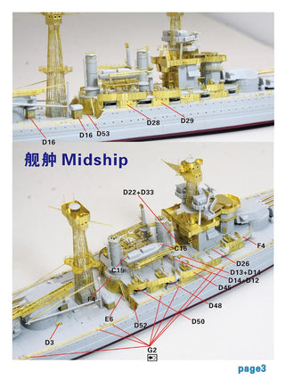 Model of a battleship with labeled parts on a white background