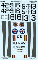 Set of decals for a model kit with text and symbols on a light blue background