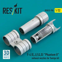 Model exhaust nozzles for Tamiya F-4 Phantom II kit on a blue background with ResKit branding.