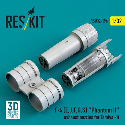 Model exhaust nozzles for Tamiya F-4 Phantom II kit on a blue background with ResKit branding.