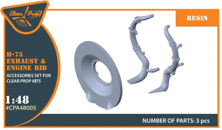Clear Prop 1/48 scale Hawk H-75 M/N/O resin exhaust set A48005 packaging showing detailed aftermarket replacement parts for Curtiss fighter model kits
