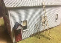 Model house with a red door and two wooden ladders on a green surface