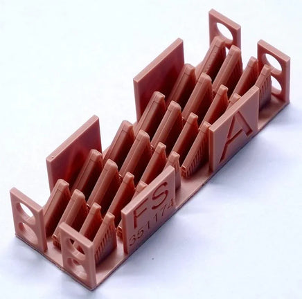 Red plastic letter holder with letters on a white background