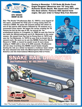 1/24 Atlantis Models Don the Snake Prudhomme's "AA" Fuel Front Engine Rail Dragster 5694