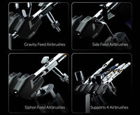 Collage of different types of airbrushes with labels on a black background