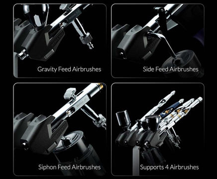 Collage of different types of airbrushes with labels on a black background