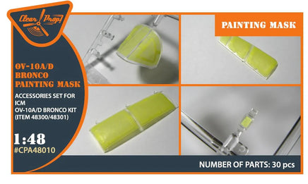 Clear Prop A48010 paint mask packaging showing 1/48 OV-10A/D Bronco canopy masking set for ICM model kits with product photo and specifications
