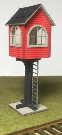 Model of a red signal box with a ladder on a green base