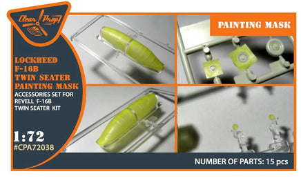 Clear Prop A72038 paint mask packaging for 1/72 scale F-16B/D Fighting Falcon twin seater showing precision-cut canopy masks for Revell kit
