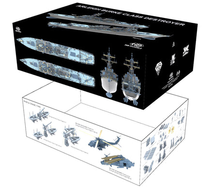 Model kit packaging of a destroyer with detailed illustrations on the box.