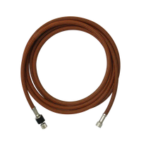 Coiled brown cable with metal connectors on a white background