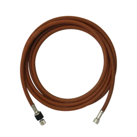 Coiled brown cable with metal connectors on a white background