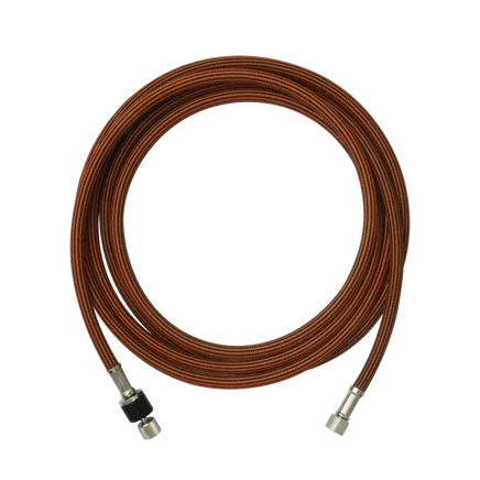 Coiled brown cable with metal connectors on a white background