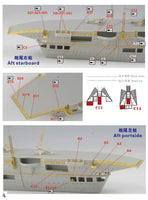 Model ship kit with labeled parts and assembly instructions on a white background
