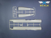 Model airplane parts on a blue background with X-Scale logo.