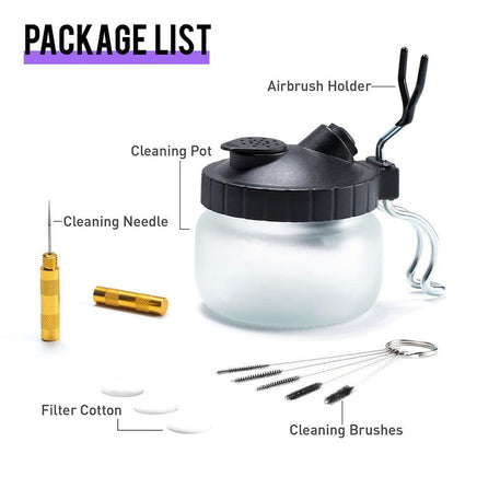 Airbrush cleaning kit with labeled parts on a white background