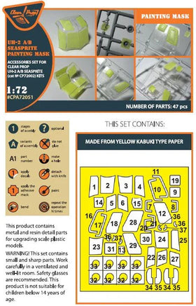 Close-up view of Clear Prop A72051 die-cut paint mask sheet displaying canopy window and panel masks for 1/72 Kaman UH-2 A/B Seasprite helicopter model
