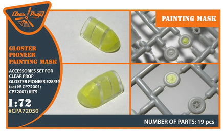 Clear Prop A72050 paint mask packaging for 1/72 scale Gloster E.28/39 Pioneer showing precision-cut canopy masks for Clear Prop kit CP72001
