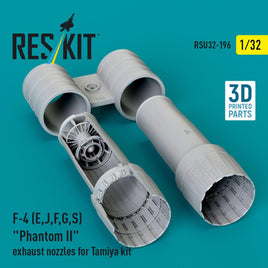 Resin kit of F-4 exhaust nozzles for Tamiya model on a blue background with ResKit branding.