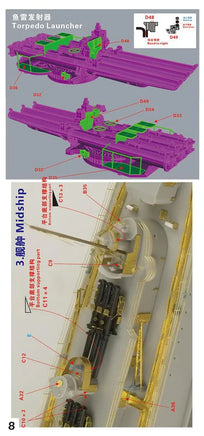 Model of a torpedo launcher with labeled parts on a gray background