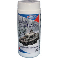 Container of scenic snowflakes with a model tank on the label
