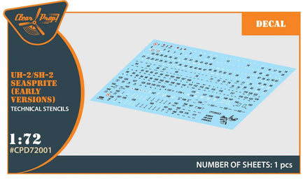 Clear Prop D72001 decal sheet packaging showing technical stencils for 1/72 scale UH-2 SH-2-2 Seasprite early version helicopter with MPM Hobbies branding

