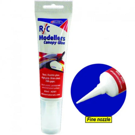 Tube of R/C Modellers Canopy Glue with a close-up of the fine nozzle on a white background