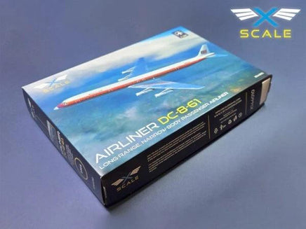 Model airplane kit box for Airliner DC-8-61 with X-SCALE branding on a blue background