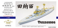 Model of a battleship with 'Tennessee' text on a white background
