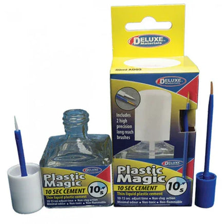 Plastic Magic 10 Sec Cement with brushes and packaging on a white background