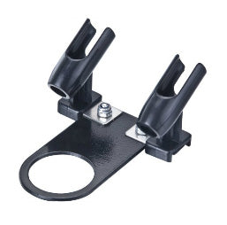 Vigiart HS-H4 dual airbrush holder front view showing two mounting positions and compressor connection port, black metal construction, VIG601
