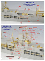 Model ship with labeled parts on a white background