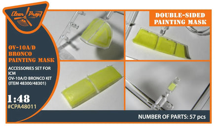 Clear Prop 1/48 scale OV-10A/D Bronco double-sided paint mask set A48011 packaging for ICM model kit showing precision-cut masking film accessory
