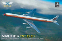 Model of an airliner DC-8-61 with X Scale logo and text on a scenic background