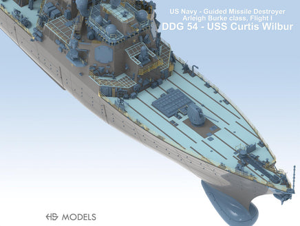 Model of a US Navy guided missile destroyer on a light blue background