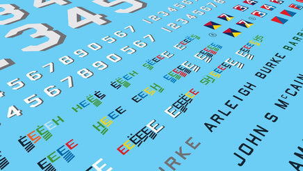 Pattern of numbers, letters, and brand names on a blue background