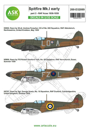 1/32 Art Scale Spitfire Mk.I Early Part 2 - RAF Aces 1938/1939 32089