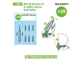 1/48 Art Scale BD-7B Boston III / A-20B/C Havoc Seat Belts - 3D 3Ded Decals by ASK 48011
