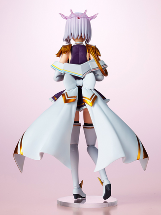 Anime character figurine with white hair and purple outfit on a pink background