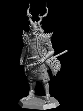 Fantasy figurine with armor and weapon on a black background