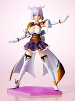 Figurine of a character in a purple and white outfit with a pink background