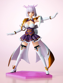 Figurine of a character in a purple and white outfit with a pink background