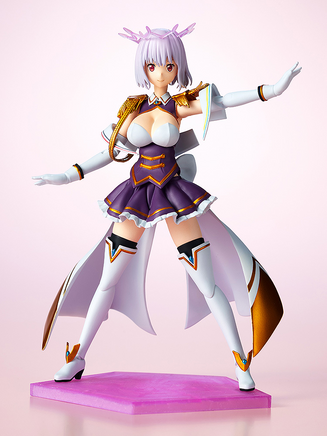Figurine of a character in a purple and white outfit with a pink background