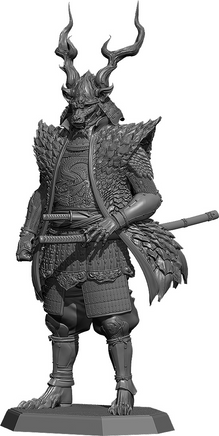 Gray-scale figurine of a warrior with detailed armor and helmet on a white background