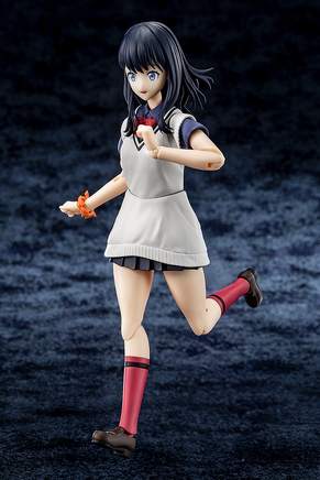Action figure of a character in a school uniform on a dark textured background