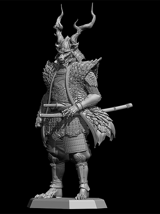 Detailed figurine of a warrior in ornate armor holding a sword on a black background