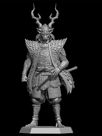 Statue of a warrior in detailed armor with antlers on a black background