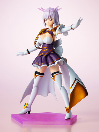 Anime character figurine with purple hair and a purple outfit on a pink platform.