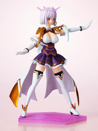 Animated character figurine with a purple and white outfit on a pink platform