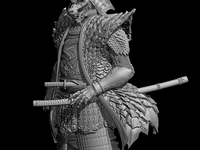 Samurai warrior figurine in detailed armor with a katana on a black background